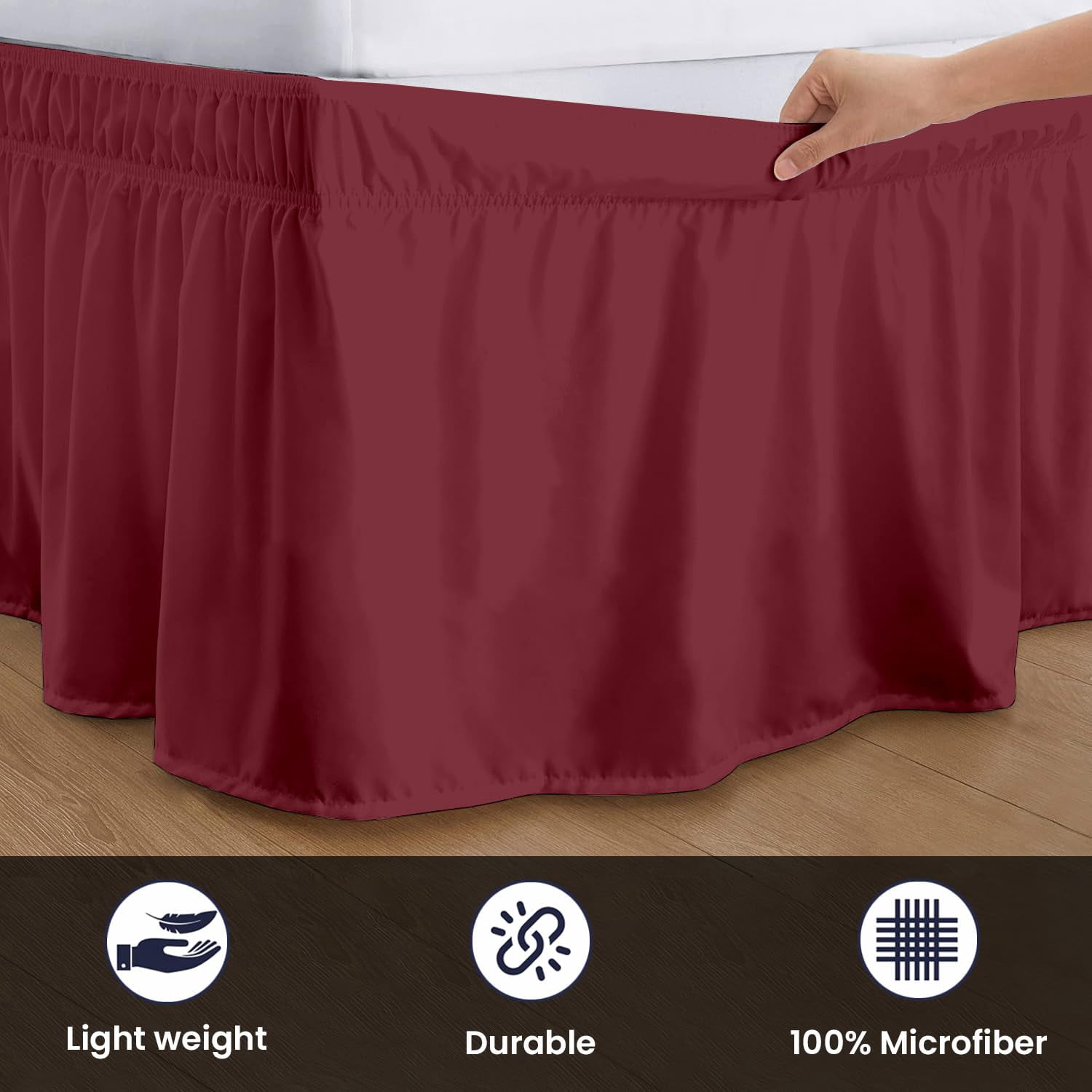 SGI bedding 15 inch Drop Wraparound Bed Skirt Twin Size - No Lifting Required, Adjustable Easy Fit Elastic Strap, Classic Gathered Styling Dust Ruffle, Fade Resistant -Burgundy