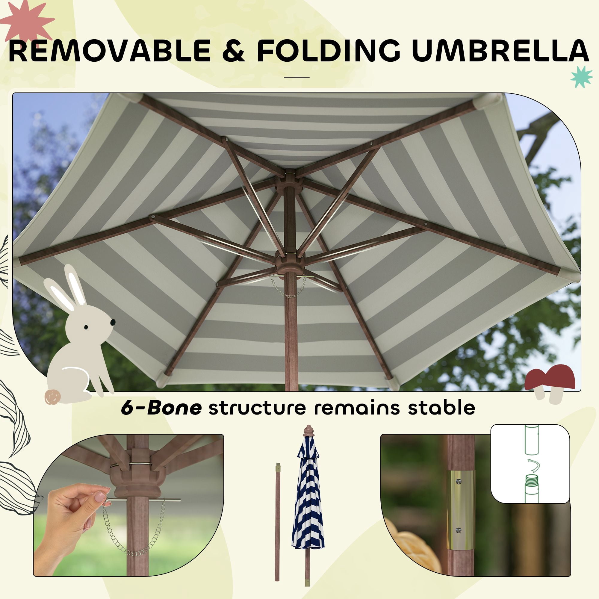 Outdoor Wooden Kids Picnic Table & Bench Set with Cushions and Umbrella, for Patio, Garden, Navy Blue