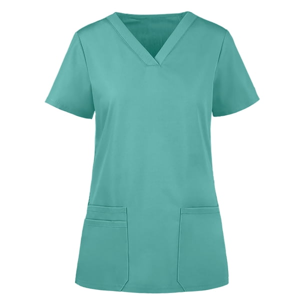 Puntoco Blusa de manga corta con cuello en V para mujer Uniforme de trabajo Color sólido con bolsillos Blusa Puntoco Puntoco-3186