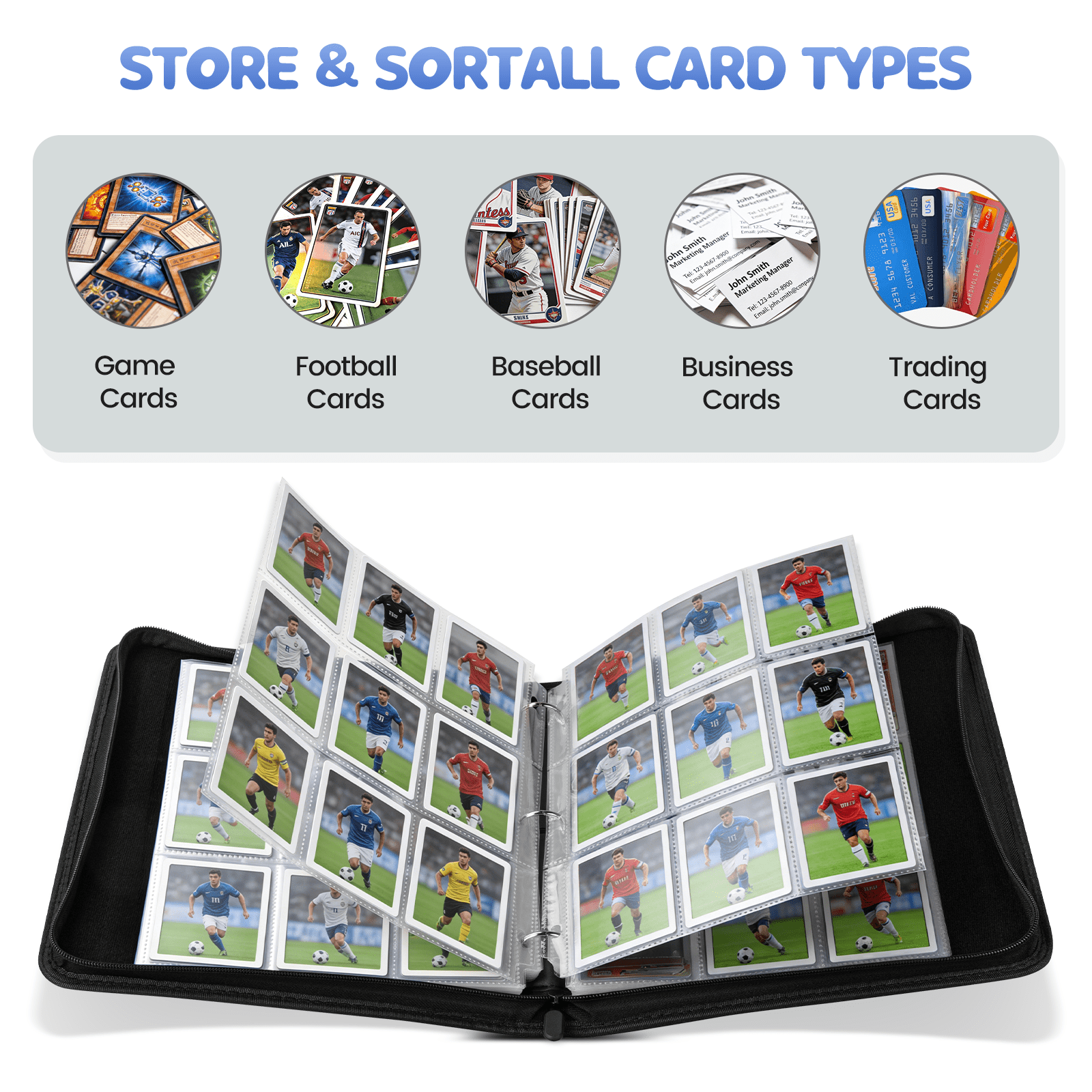 900 Pockets Collectible Trading Card Binder, 50 Double-Sided Pages with 9 Pockets Design, Featuring Zipper Closure and Sturdy Pu Leather Cover for Trading Cards, Tcg, and Game Cards