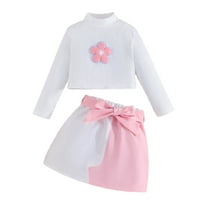 Gubotare Girls Fall Skirt Sets Toddler Baby Girl 2 Piece Outfit Cute Ruffled Ribbed Long-sleeve Shirt and Plaid Button Pleated Skirt Set Size 5T 6T (Pink,5-6 Years)