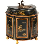 Oriental Furniture Black Lacquer Small Round Vanity - Landscape