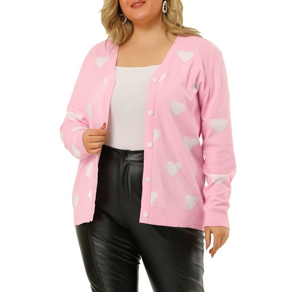 Unique Bargains Women's Plus Winter Cute Long Sleeve Sweater Cardigan Pink 2X