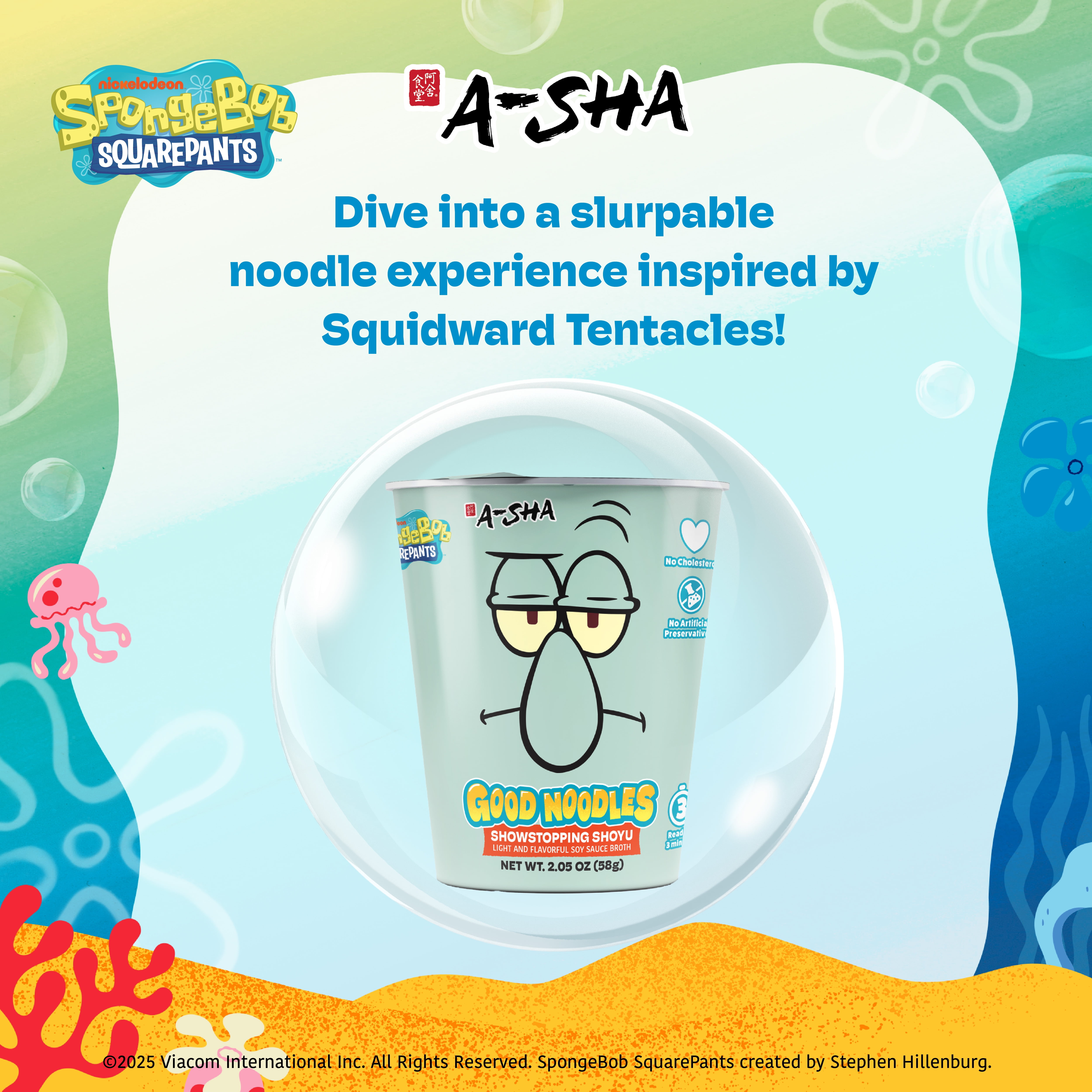 A-Sha & SpongeBob Squarepants Good Noodles (6 Pack) | Squidward Showstopping Shoyu Flavor  | Better For You Microwaveable Ramen Soup Mix