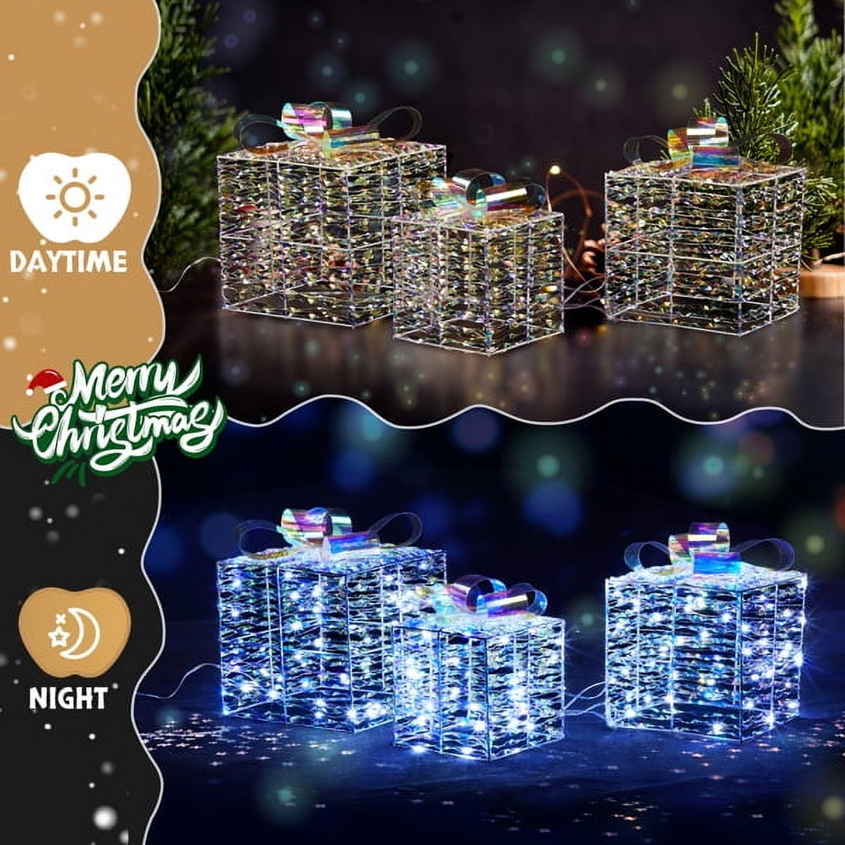 3-Piece Lighted Iridescent Gift Box Set - 140 Warm White LEDs, Weather-Resistant Metal Frame, Indoor/Outdoor Christmas Decor for Yard/Porch/Tree
