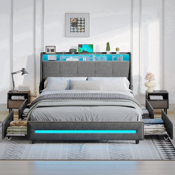 AOGLLATI Queen Bed LED Upholstered Platform Bed Frame with 4 Storage Drawers and Storage Headboard, No Box Spring Needed, No Noise, Grey