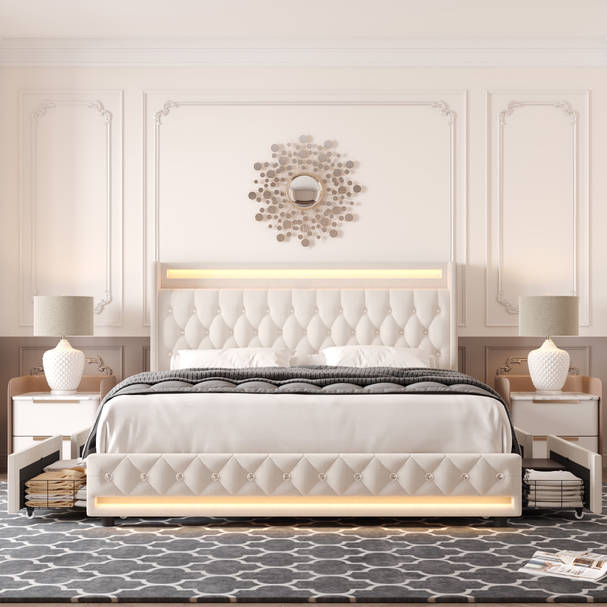 Homfa Full Size LED Bed Frame with Outlets and USB Ports, 4 Storage Drawers Modern Wingback Crystal Button Tufted Velvet Upholstered Platform Bed Frame, Beige