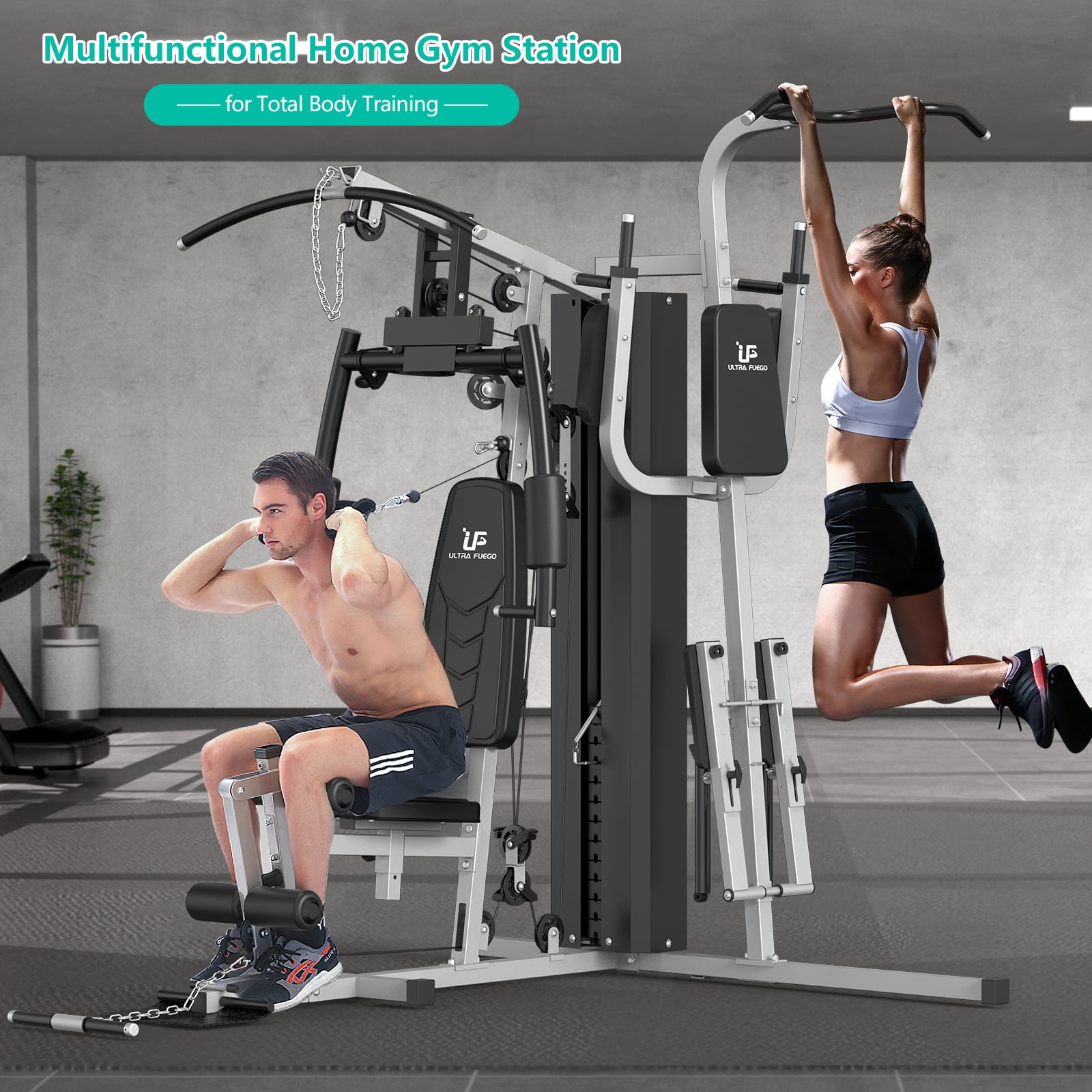 Multifunctional Home Gym 118lb Weight Stack Machine with Pulley System, Arm Press Frame, Leg Developer, Power Tower and Stepper, Dual Station Workout System for Total Body Training