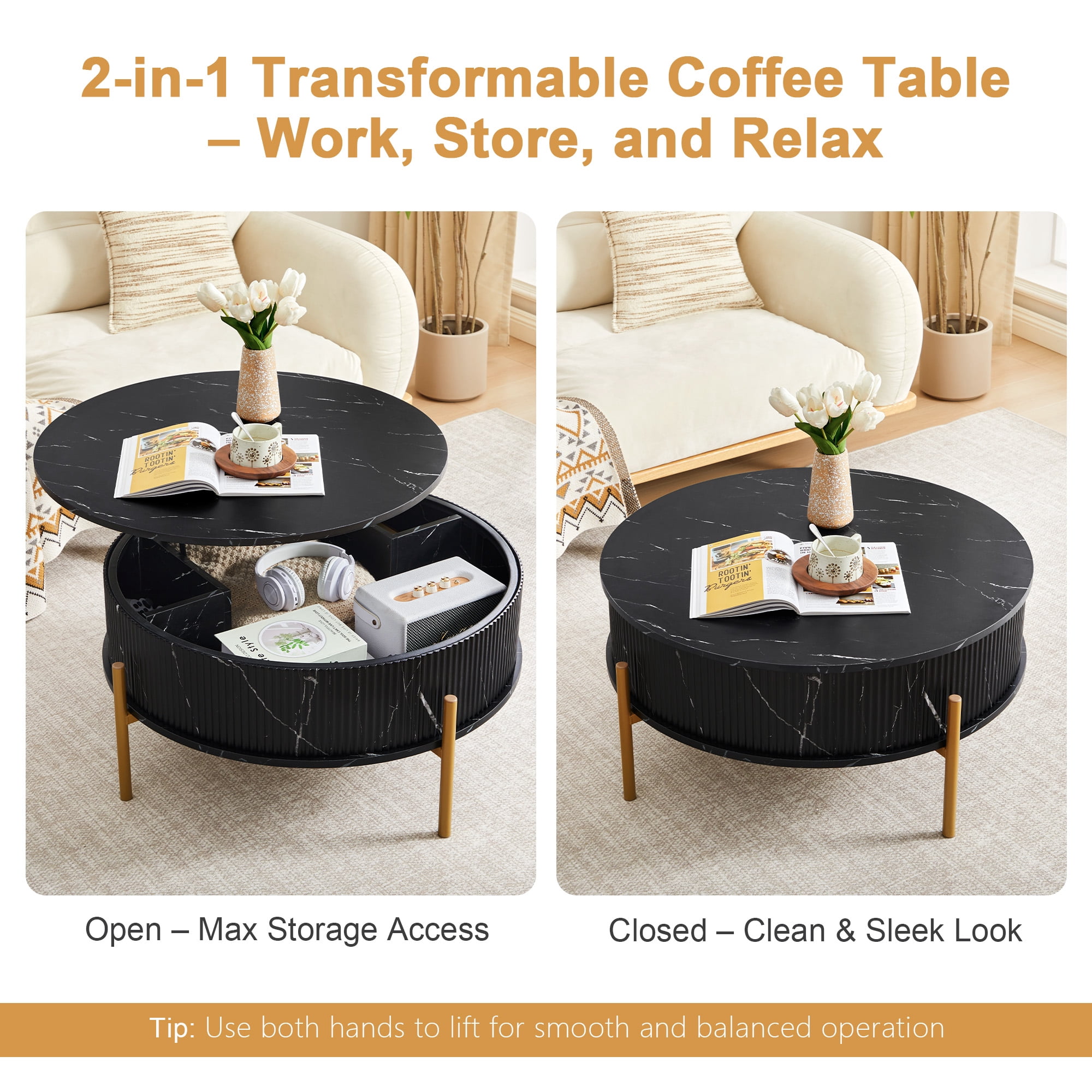 YOCWO 31.5" Lift Top Coffee Table for Living Room with Wave Base, Mordern MDF Round Coffee Table for Apartment Small Space with Marble Veneer Finish, Black