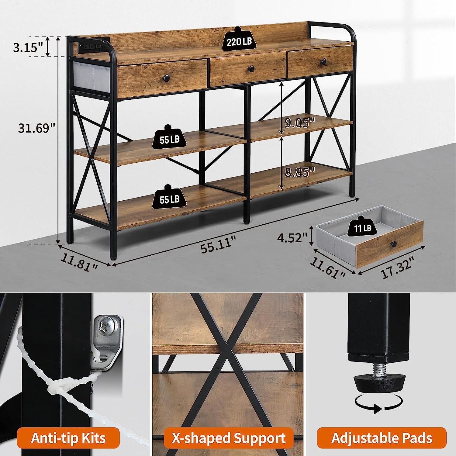 Zimtown Console Table with Power Outlet, 55" Narrow Sofa Table Industrial Entryway Table with USB Ports, Behind Couch Table for Entryway, Hallway, Foyer, Living Room, Bedroom
