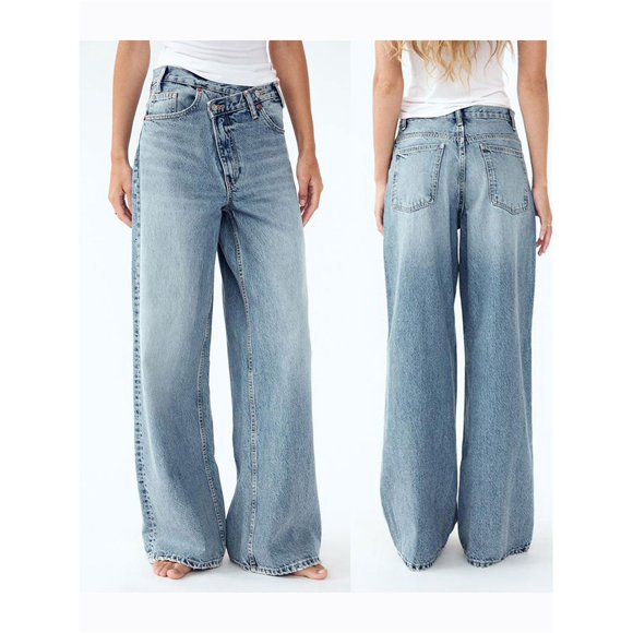SUNSIOM Women’s Mid Rise Washed Jeans Crossover Wide Leg Loose Denim Pants Trousers with Pockets