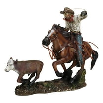 Rustic Western Cowboy Riding On Horse Rodeo Tie Down Roping A Calf Figurine