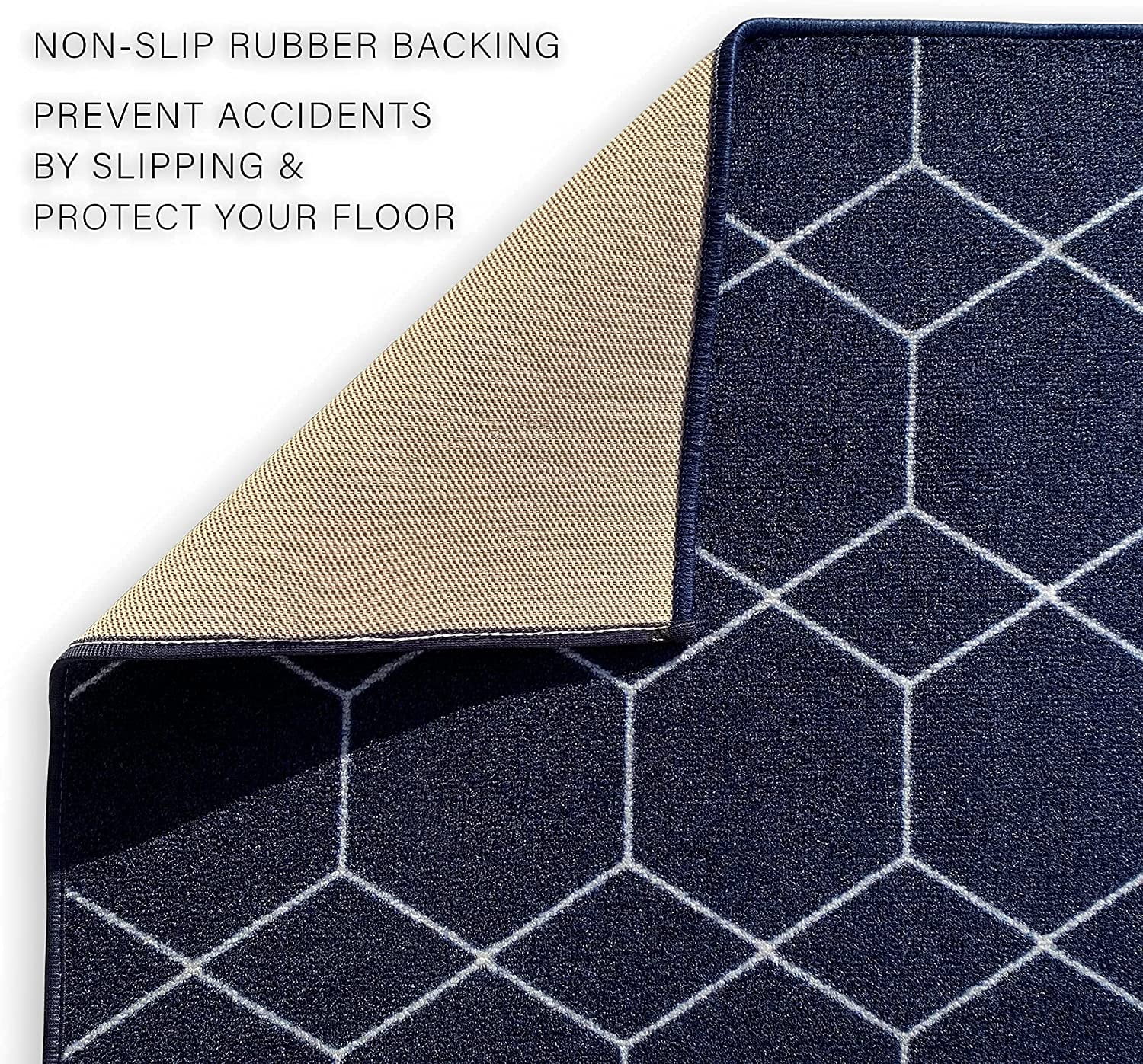 Custom Size Runner Rug Hexagon Trellis Design Navy Color 26 or 31 inch Wide Pick Your Length Non-Slip Rubber Backing Stair Runner