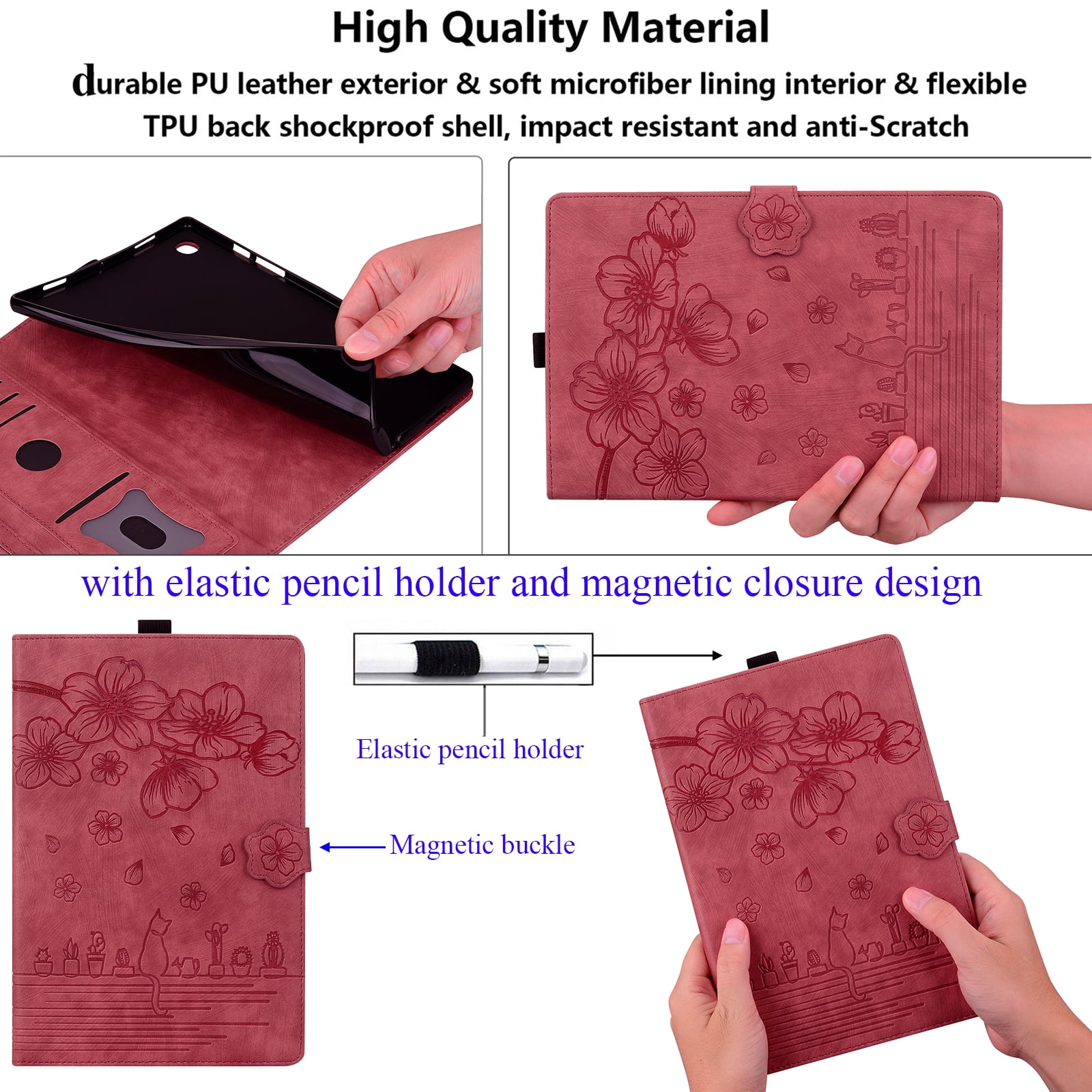 Allytechgroup Flip Case for Apple iPad (A16) 11th Gen 11" 2025/ iPad 10th Gen 10.9" 2022, Stylish Blossom PU Leather Auto Sleep Wake Protective Pencil Holder Shockproof Case for iPad 11/ iPad 10,Red