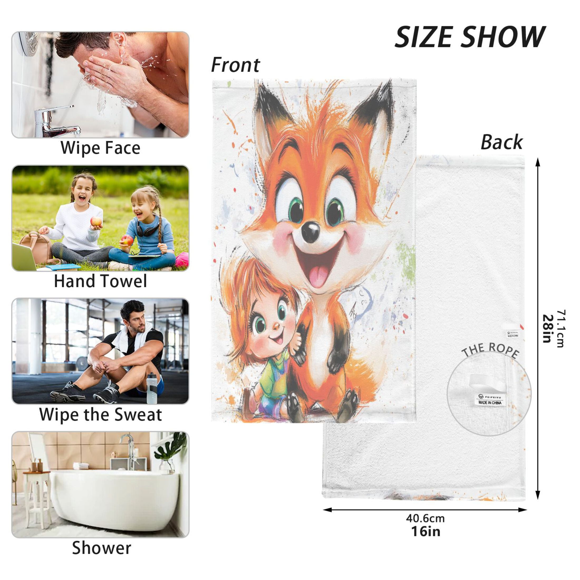 Baby and Fox Set of 2 Pure Cotton Towels, 16'' x 28'', Highly Absorbent and Soft