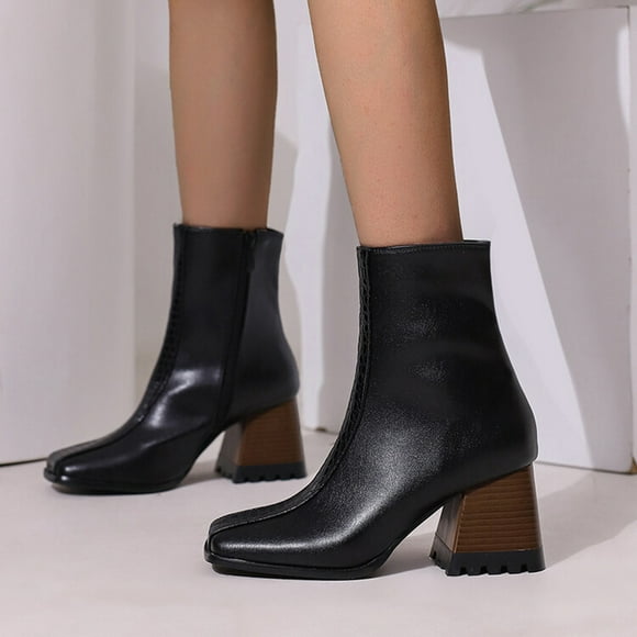 YOUSNH Ladies Leather Square Toe High Heel Colour Blocking Medium Large Size Boots Ankle Boots Short Boots Womens Boots Black 6.5