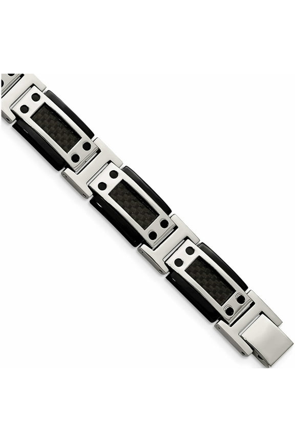 Stainless Steel Polished Black Ip-Plated With Carbon Fiber Inlay 8.5In Bracele (8.5 X 12.07) Made In China -Jewelry By Sweet Pea