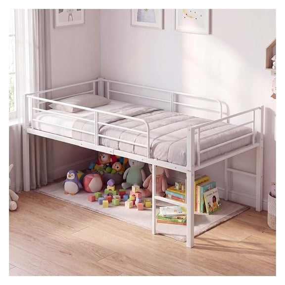 Twin Size Low Loft Bed, Heavy Duty Metal Bed Frame with Safety Guardrails & 2 Ladders, Space Saving Loft Bed with Under-Bed Space for Boys Girls Junior, No Box Spring Needed (White)