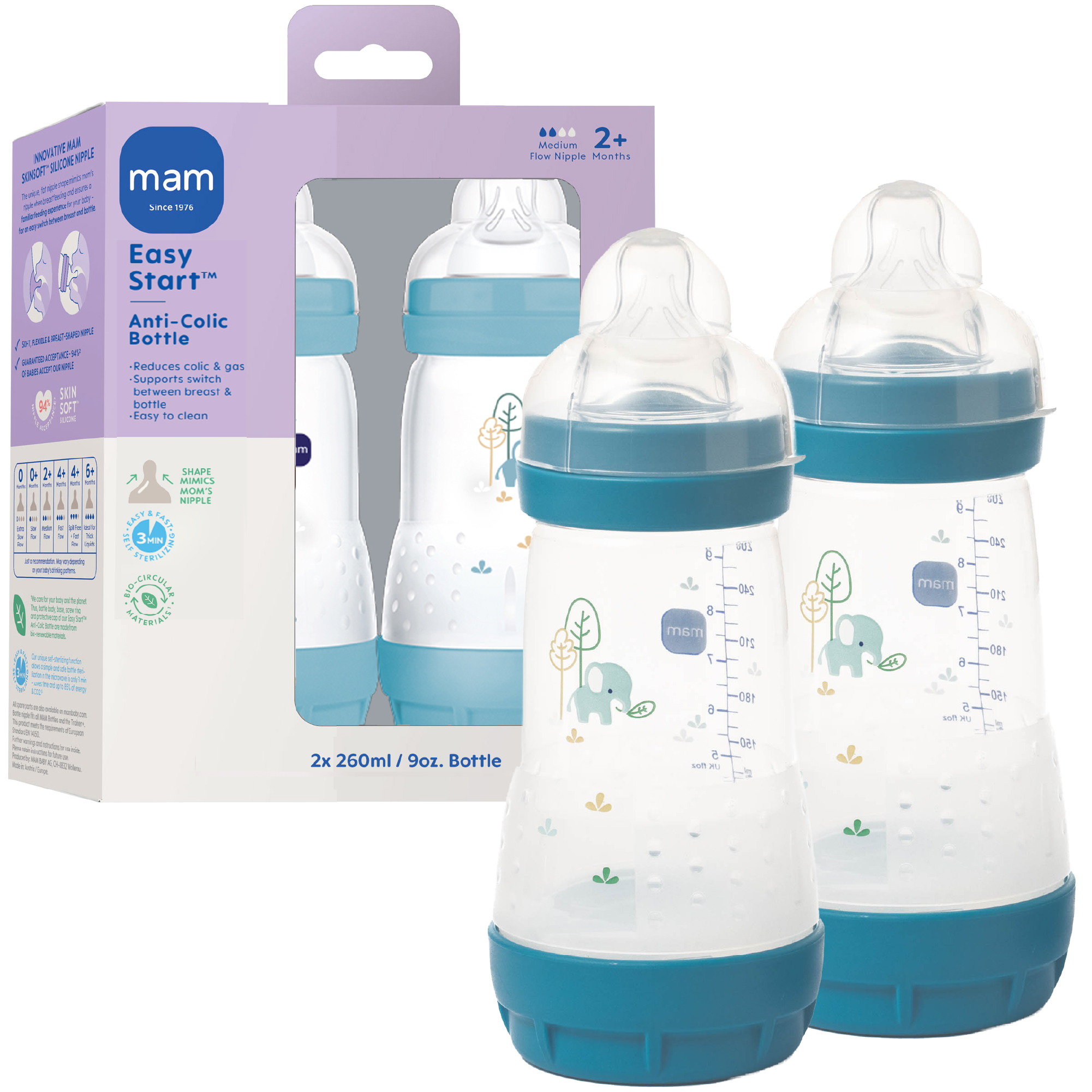 MAM Easy Start Anti-Colic Baby Bottles, 9oz, 2-Pack photo 1