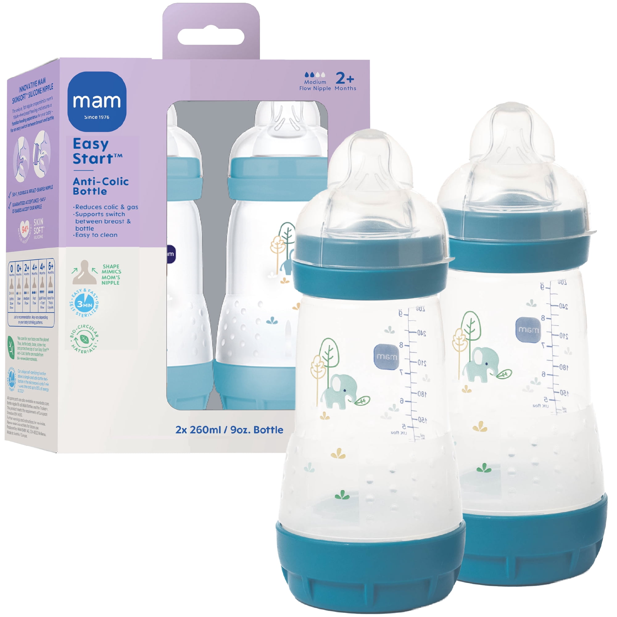 MAM Easy Start Anti-Colic Bottle, 9 oz, Boy, 2 Pack