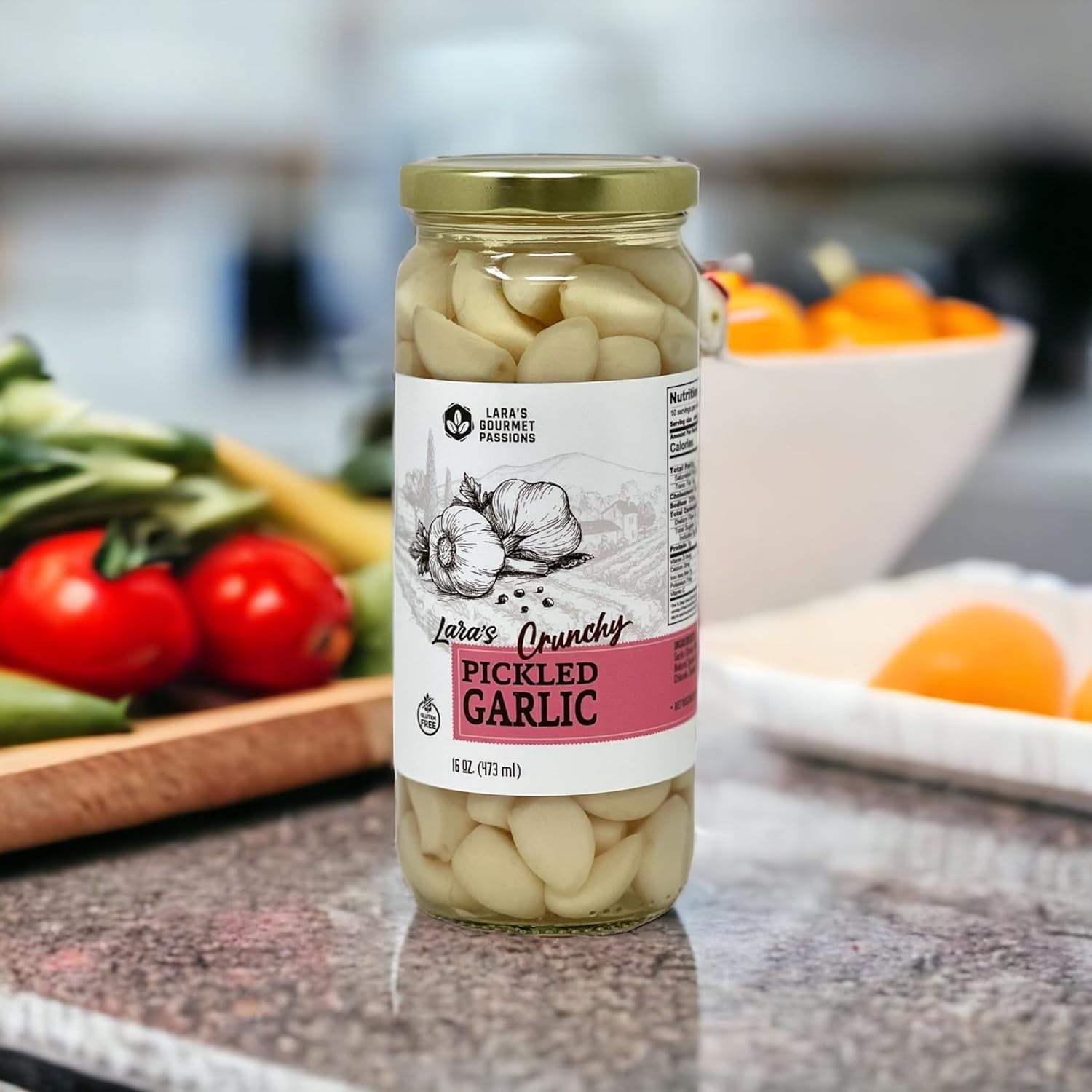 Lara’s Pickled Crunchy Garlic Cloves in Jar (4 Pack, 16 oz each)