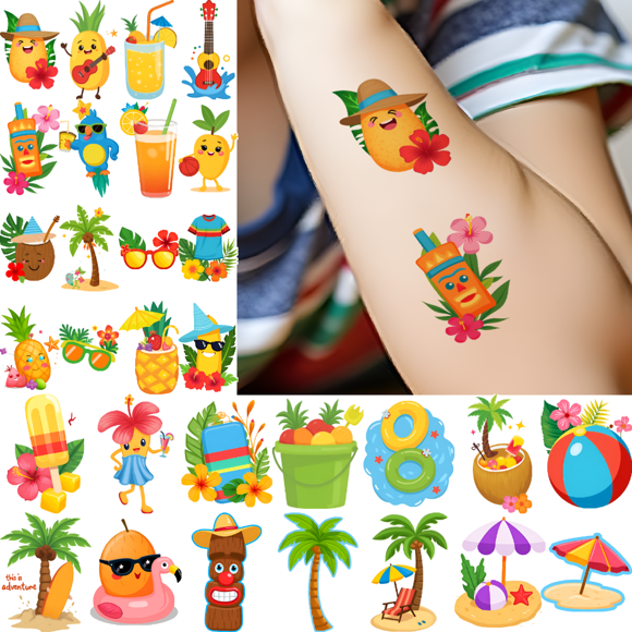 54 Temporary Tattoo Stickers, Waterproof Long Lasting Body Stickers Hawaiian Beach Coconut Tree Ice Cream Swim Ring Kids Boys Girls Tattoo Stickers Arm Arm Shoulder Cheek