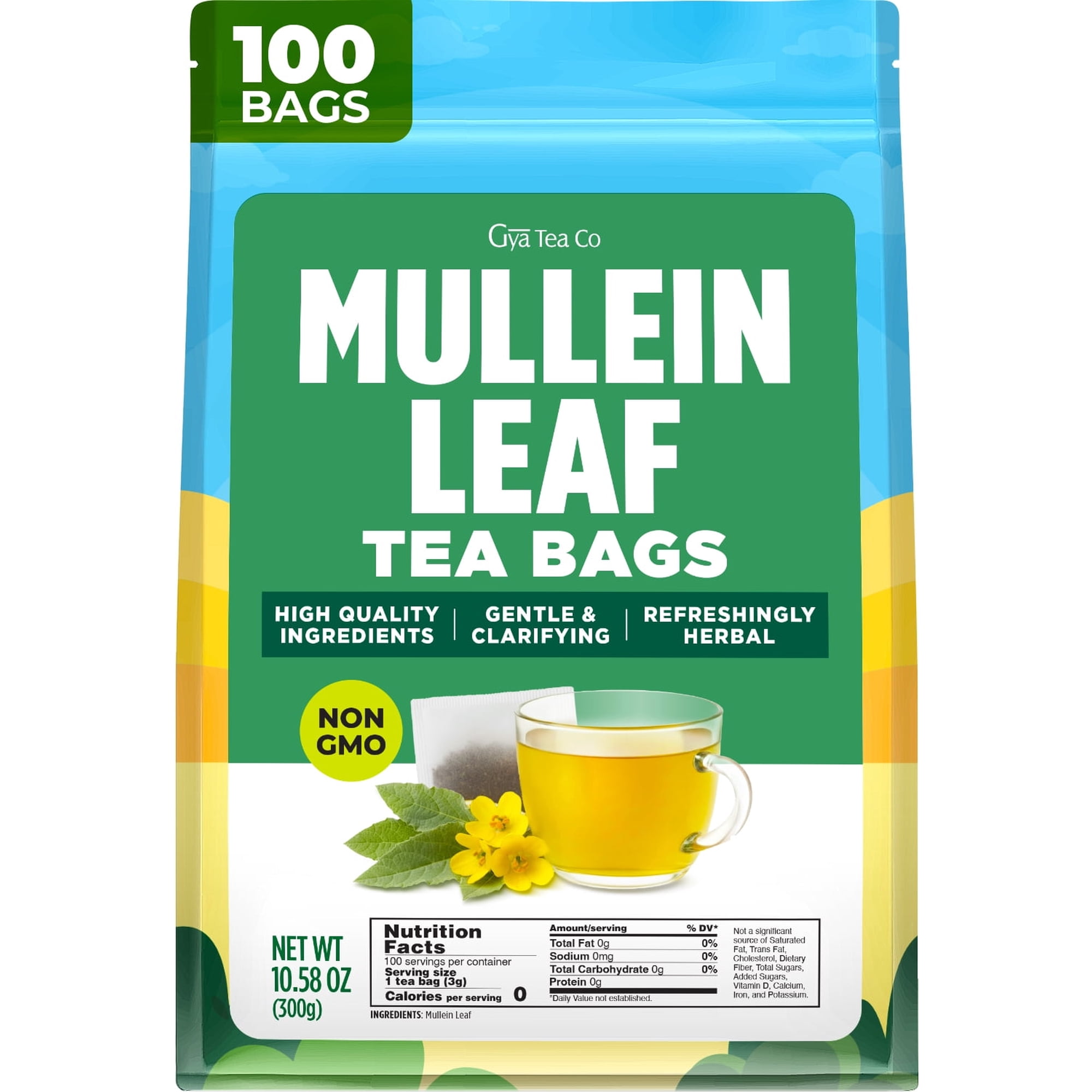 Gya Tea Co Mullein Leaf Tea Bags for Lungs (100 Bags) - Caffeine Free Mullein Herbal Tea for Health & Respiratory Wellness Support - No Additives & Non-GMO