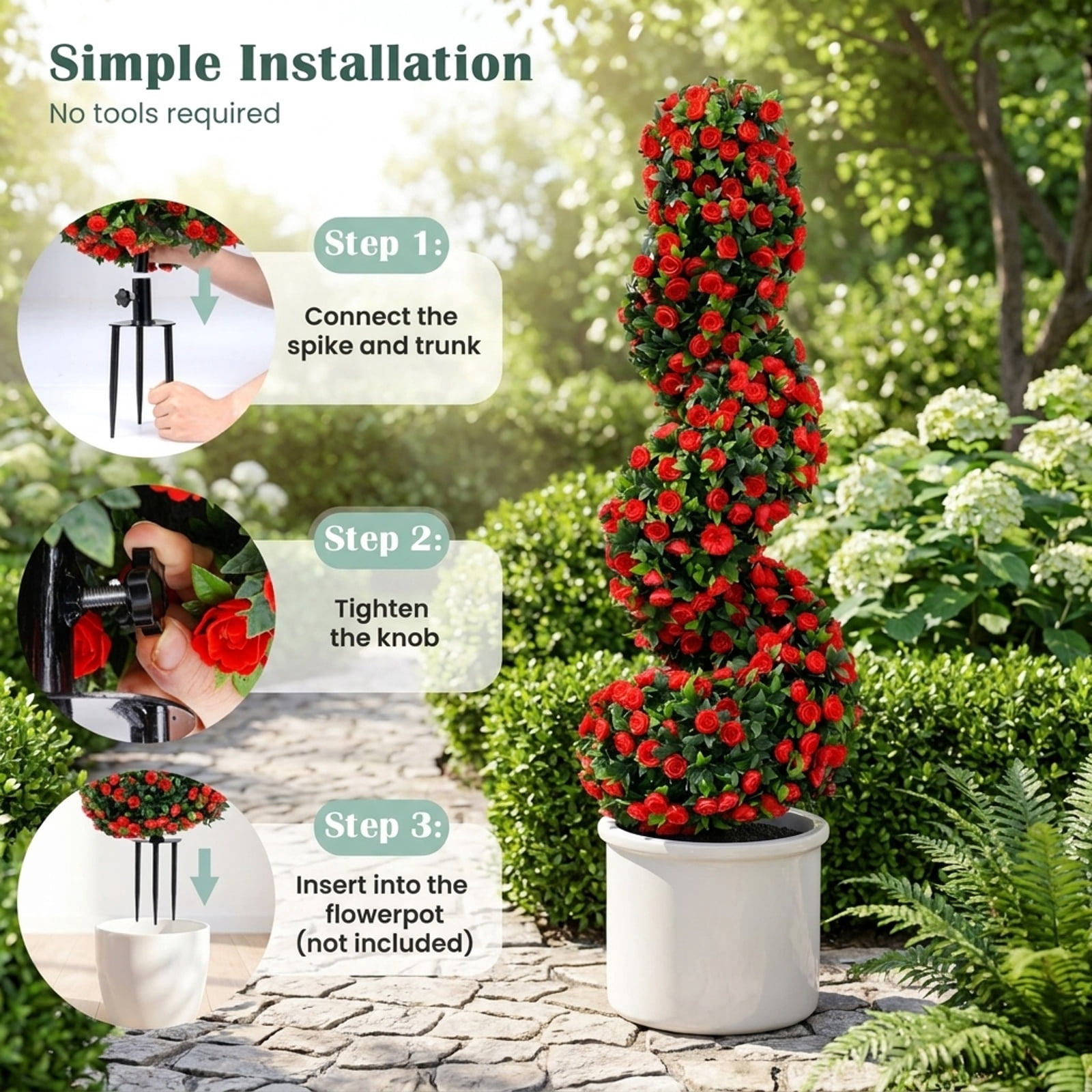 Vebreda Artificial Plant Decor, Set of 2 Artificial Spiral Topiary Trees with Sun Protection and Ground Spikes, Lifelike & Chic Design