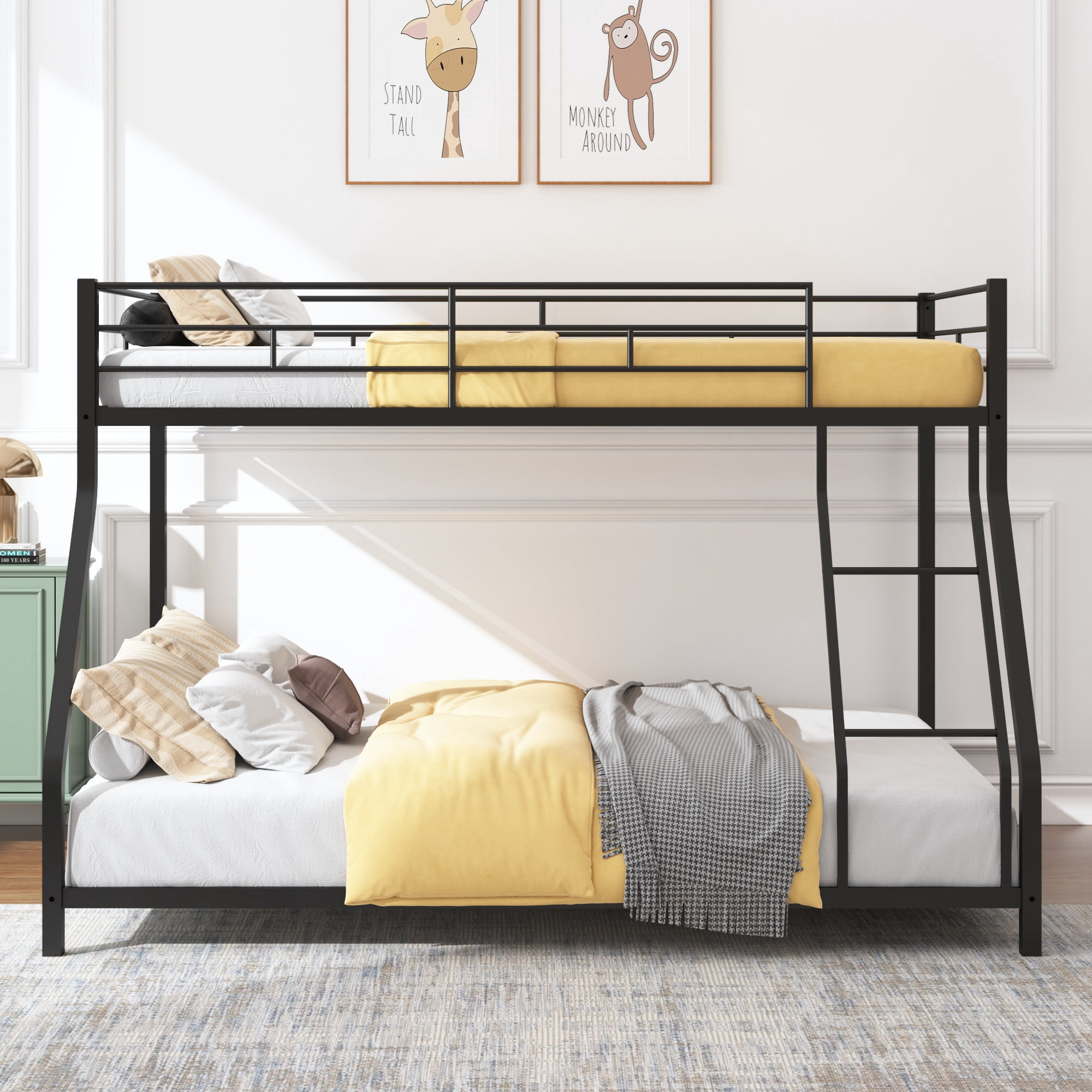 Bunk Beds Twin over Full Size, LEGAHOME Metal Bunk Beds for Kids, Twin Over Full Kids Bunk Bed with Full-Length Guardrail, for Adults Dorm Bedroom Guest Room, No Box Spring Needed, Black