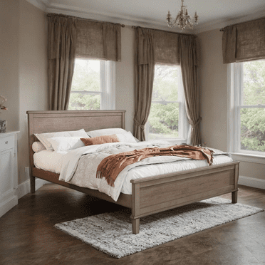 Mid-Century Wood Platform Bed with Headboard and Wood Slat Support, No Box Spring Needed, Queen Size, Brown