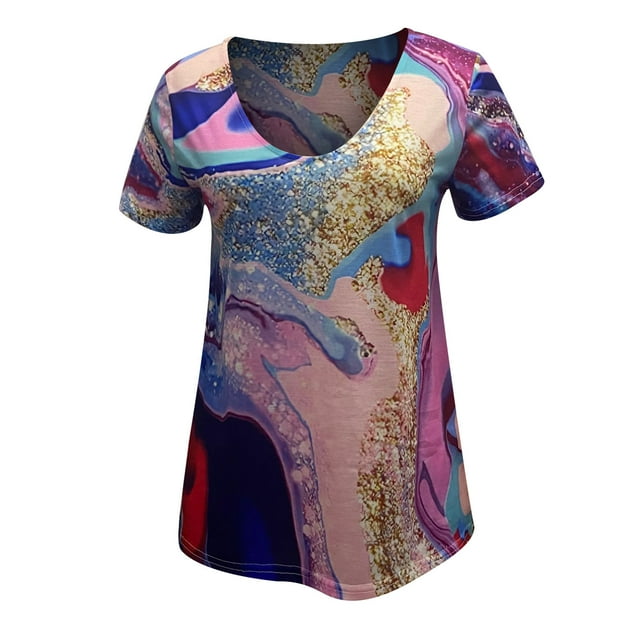 Pompotops Blouse T-Shirt à Col en V Imprimée à Manches Courtes Décontractée d'Été pour Femmes Hauts pour Dames