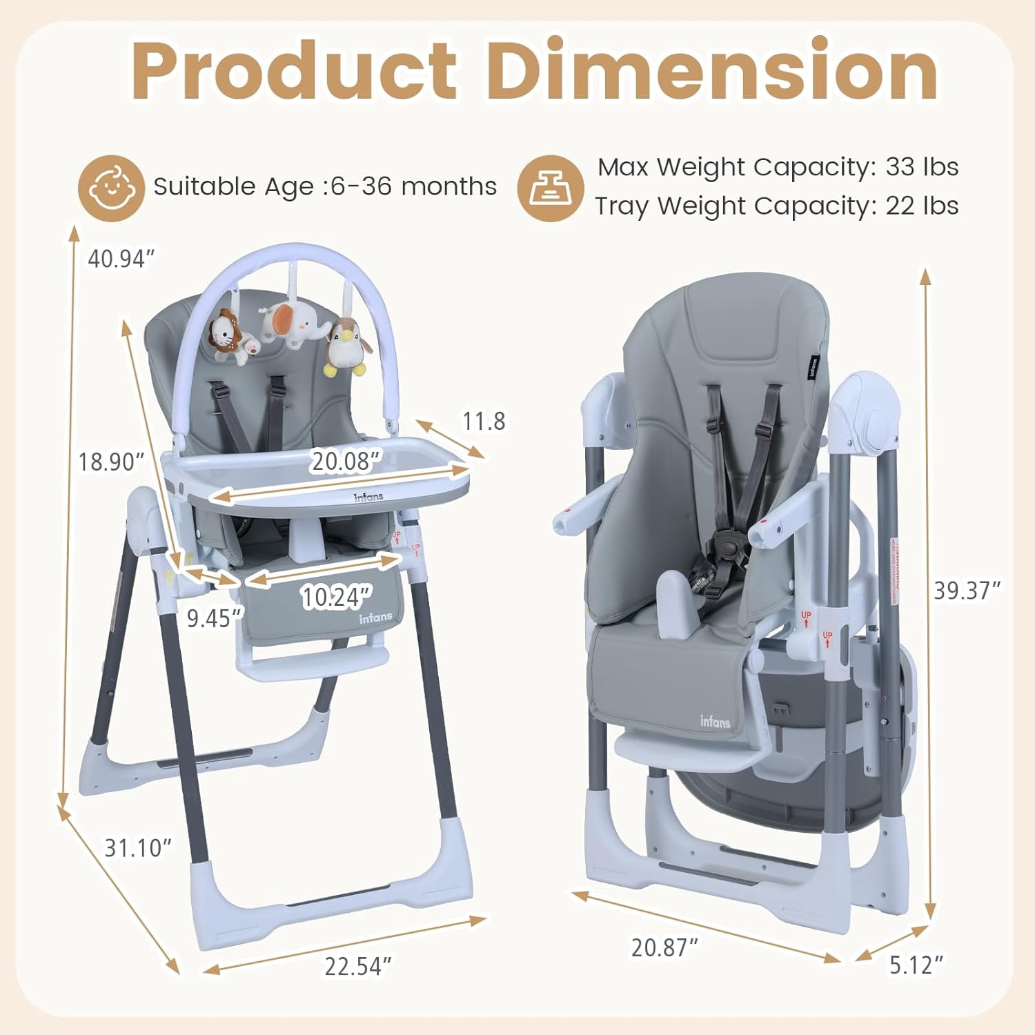 INFANS High Chair for Babies and Toddlers, Foldable Highchair with 7 Different Heights 4 Reclining Backrest Seat 3 Setting Footrest, Removable Tray Built-in Rear Wheels with Locks