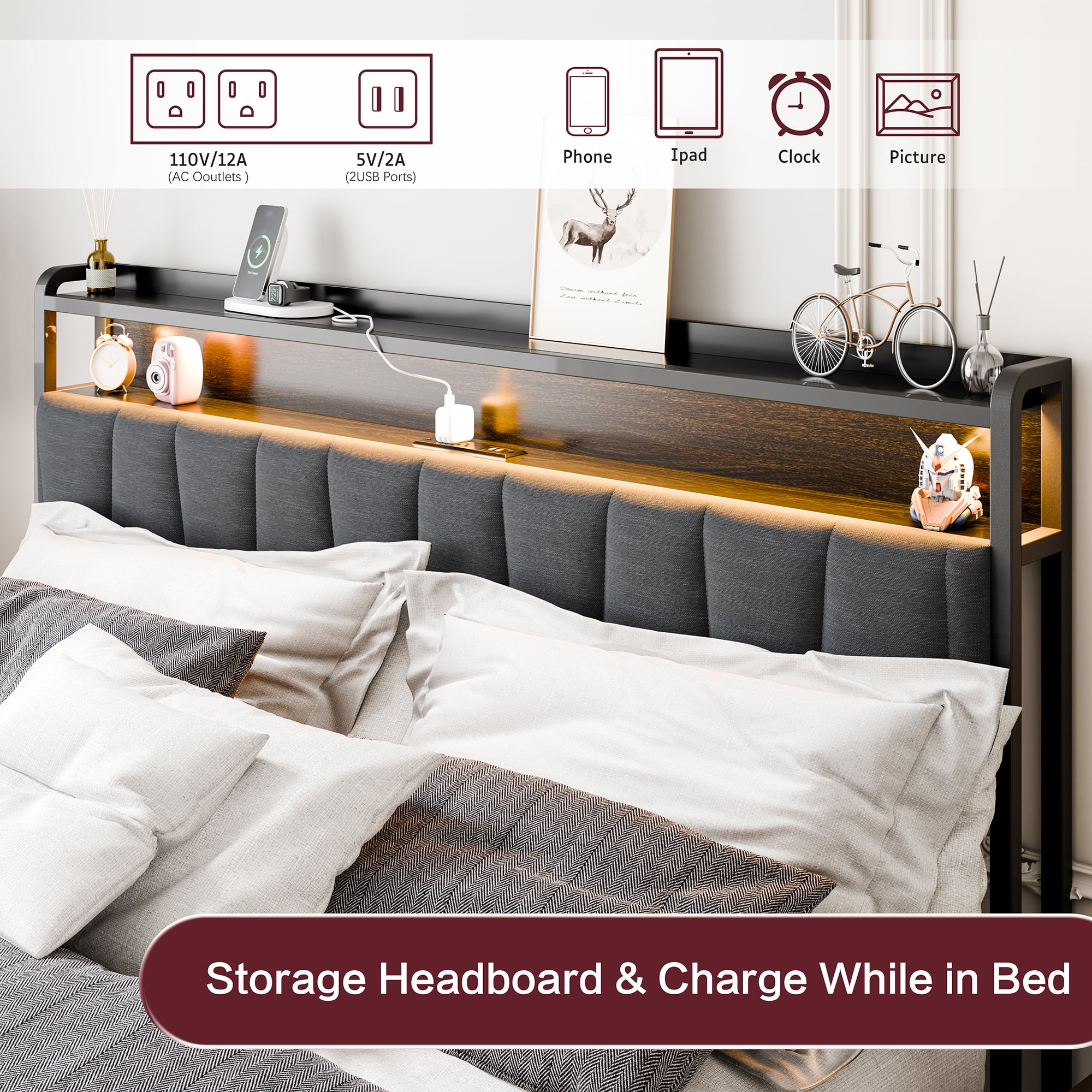 Walsunny Queen Bed Frame with Led Light, Metal Platform Bed with Charging Station and Linen Fabric Storage Headboard, Strong Metal Slats