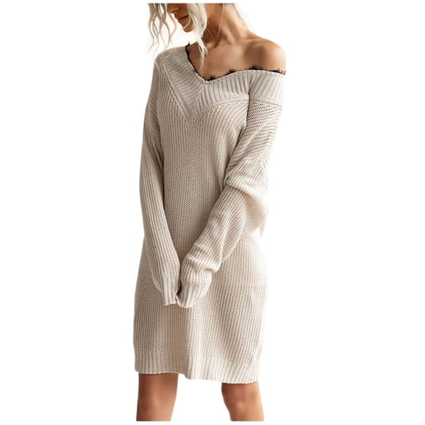 Suéter de punto de encaje con cuello en V de Color sólido de longitud media a la moda para mujer vestido de suéter suelto Fridja NMB3412