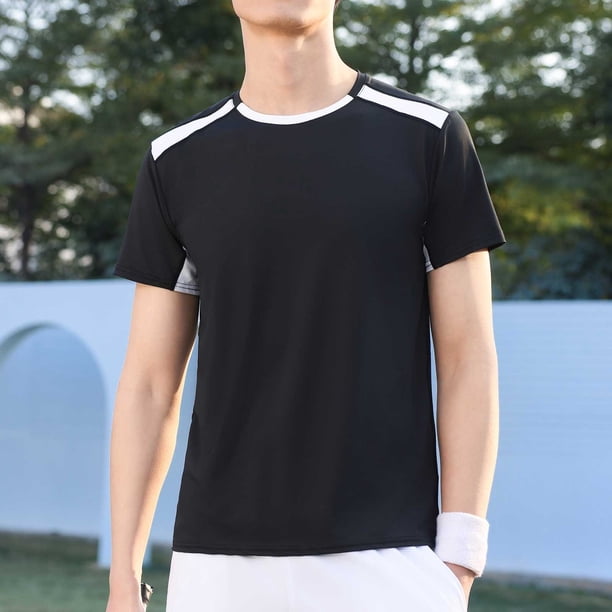 pstuiky camisetas para hombre, Blusa deportiva informal de color liso con cuello redondo y manga corta elástica para hombre ropa de hombre l