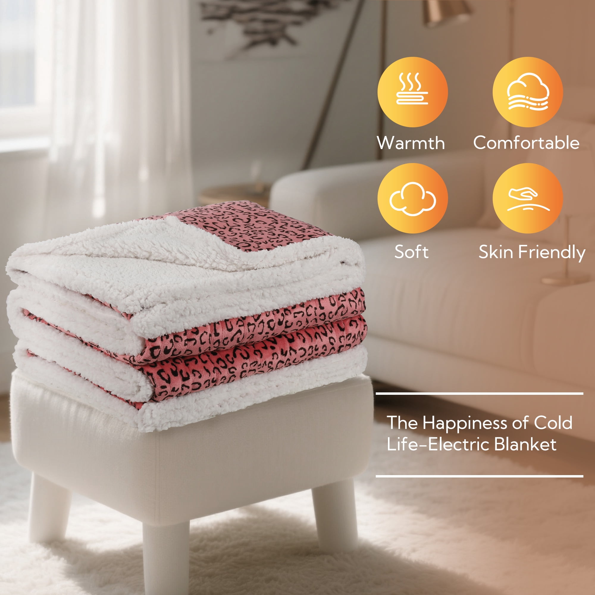 SUNNY HEAT Heated Electric Blanket Full Size 72'' x 84'' 10 Heating Levels & 1-12 Hours Auto Off , Leopard Black & Red