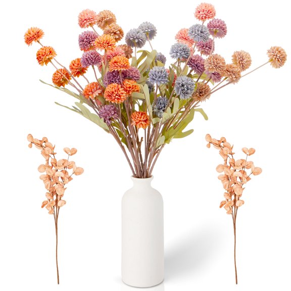 FIASON 12 Stems Artificial Silk Mums with Eucalyptus, Orange Fake Chrysanthemum Pom Flowers, Faux Floral Stems for Home Party Wedding Decor, Spring Fall Centerpiece (Vase Not Included)