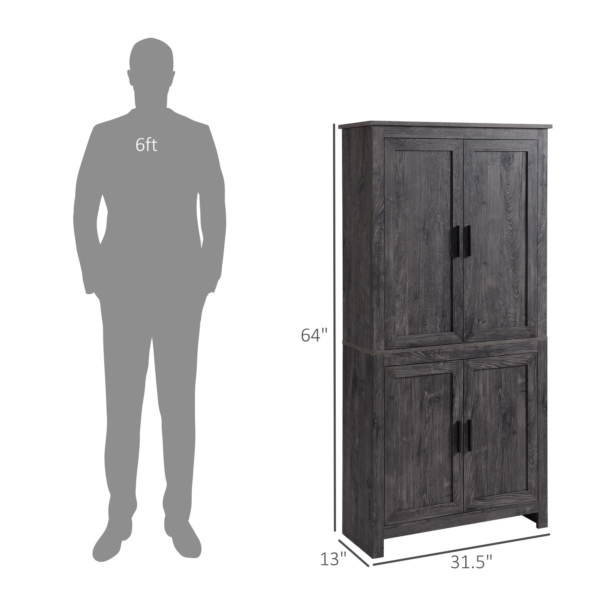 HOMCOM 64" Kitchen Pantry Cabinet, Freestanding Storage Cabinet with 4 Doors and 3 Adjustable Shelves for Dining Room, Gray