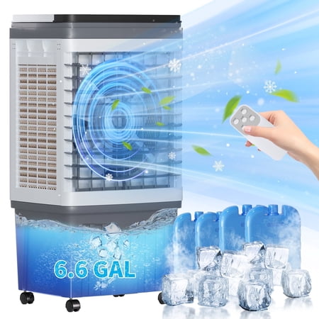 DISHUP Portable Swamp Cooler,3000 CFM Evaporative Air Cooler with 6.6Gal/25L Water Tank,Portable Air Conditioner,Indoor/Outdoor