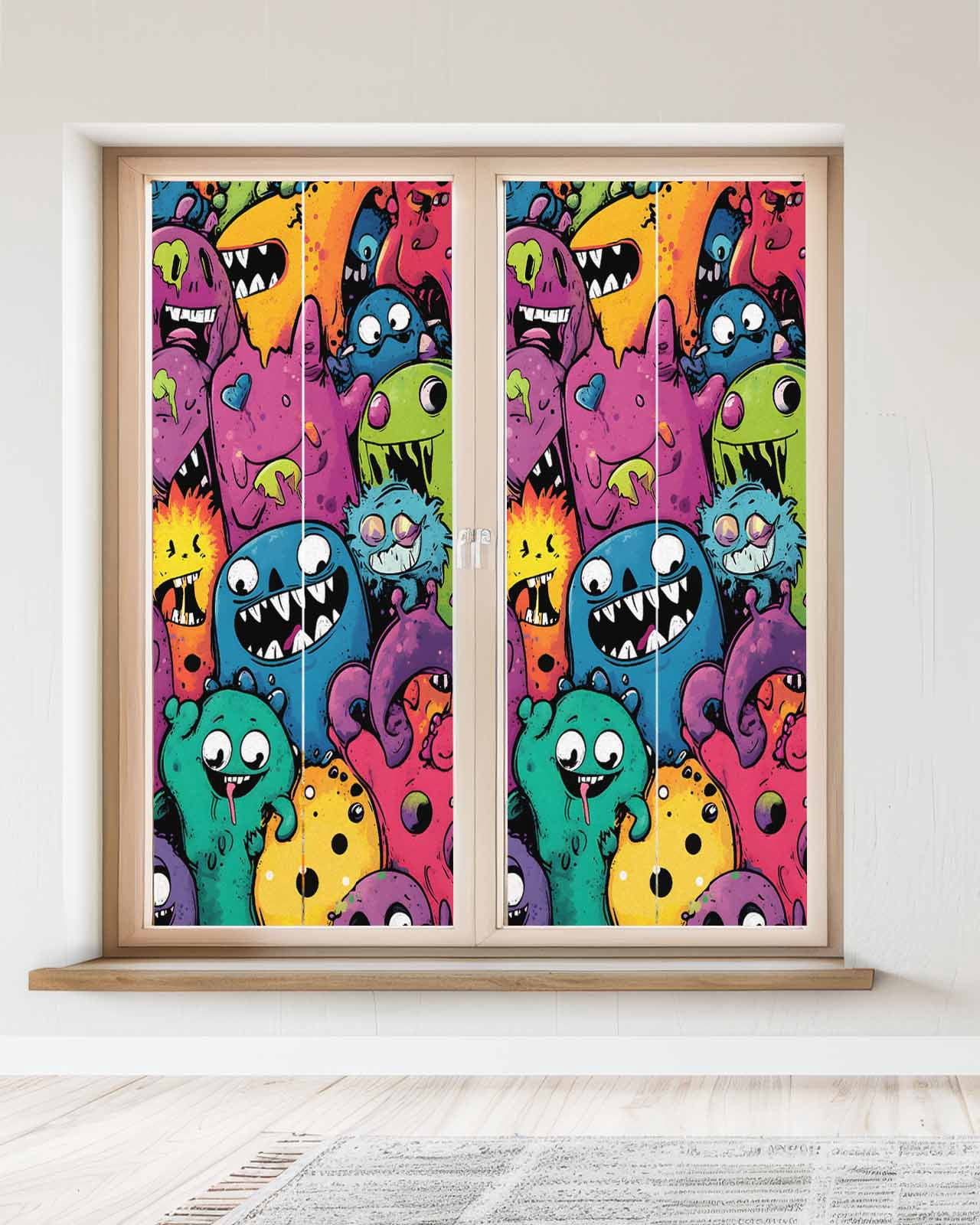 Window Privacy Film Colorful Cute Monsters Stained Glass Window Film Decorative Sun Block Window Cover Abstract Art Modern Window Clings Static Adhesive Sticker for Bathroom 23.6"x59"