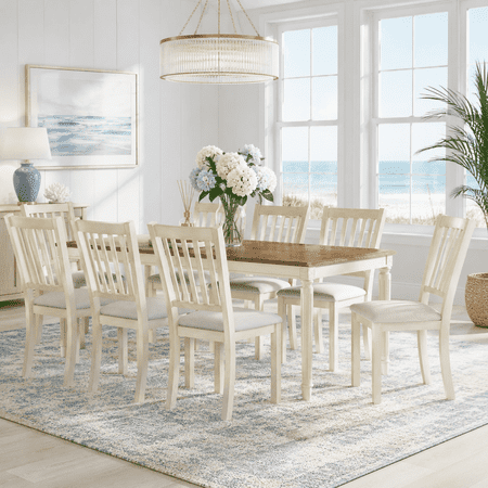 Merluxy 79'' 9-Piece Farmhouse Solid Wood Dining Table Set with 8 Upholstered Chairs, Roman Conical Legs, Seats up to 8, for Kitchen, Rustic Cream