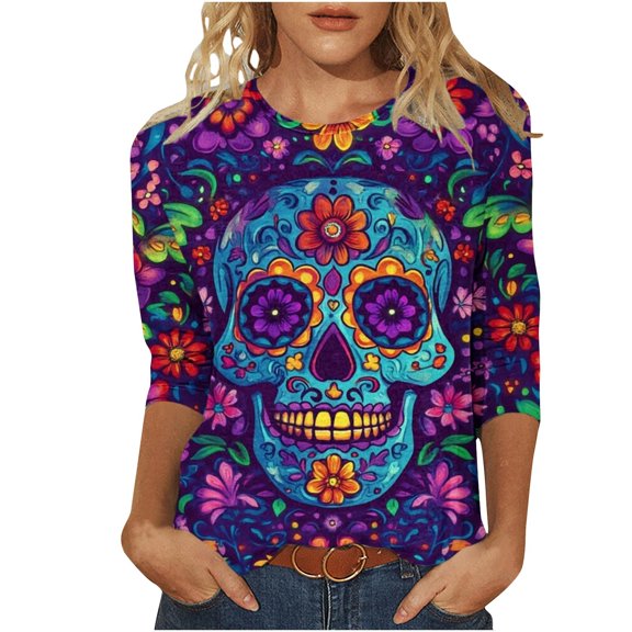 Women’s Day of the Dead T Shirt 3/4 Sleeve Crewneck Top Colorful Floral Skull Skeleton Print Trendy Casual Blouse for Festival and Themed Party Outfits