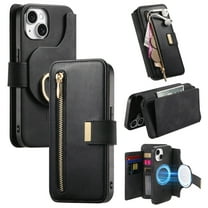 for iPhone 13 Detachable Wallet Case with Card Holder, 2 in 1 PU Leather Flip Folio Case with RFID Blocking Magnetic Stand Removable Shockproof Phone Cover with Ring Holder, Black