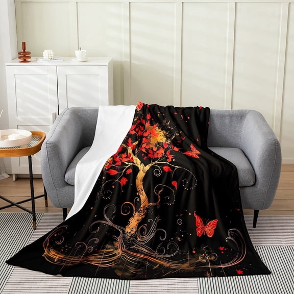 Erosebridal Red Flower Tree Flannel Blanket, Butterfly Sherpa Throw, Chic Stripes Fuzzy Blanket Throw, Fleece Blanket Bedroom Decor