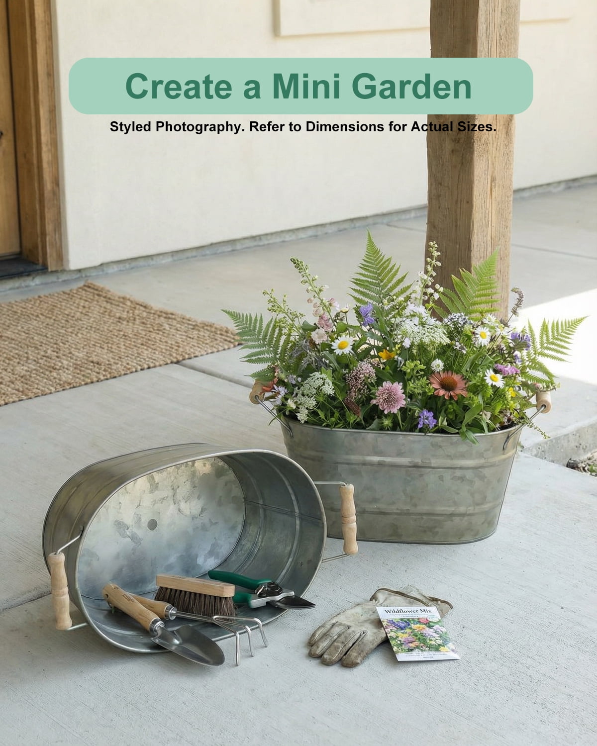 Galvanized Oval Planter Tubs for Outdoor Plants - Farmhouse Small Metal Tin Buckets with Drain Hole & Rubber Plug Medium Plant Containers with Handles Vintage Style for Decor, Set of 3