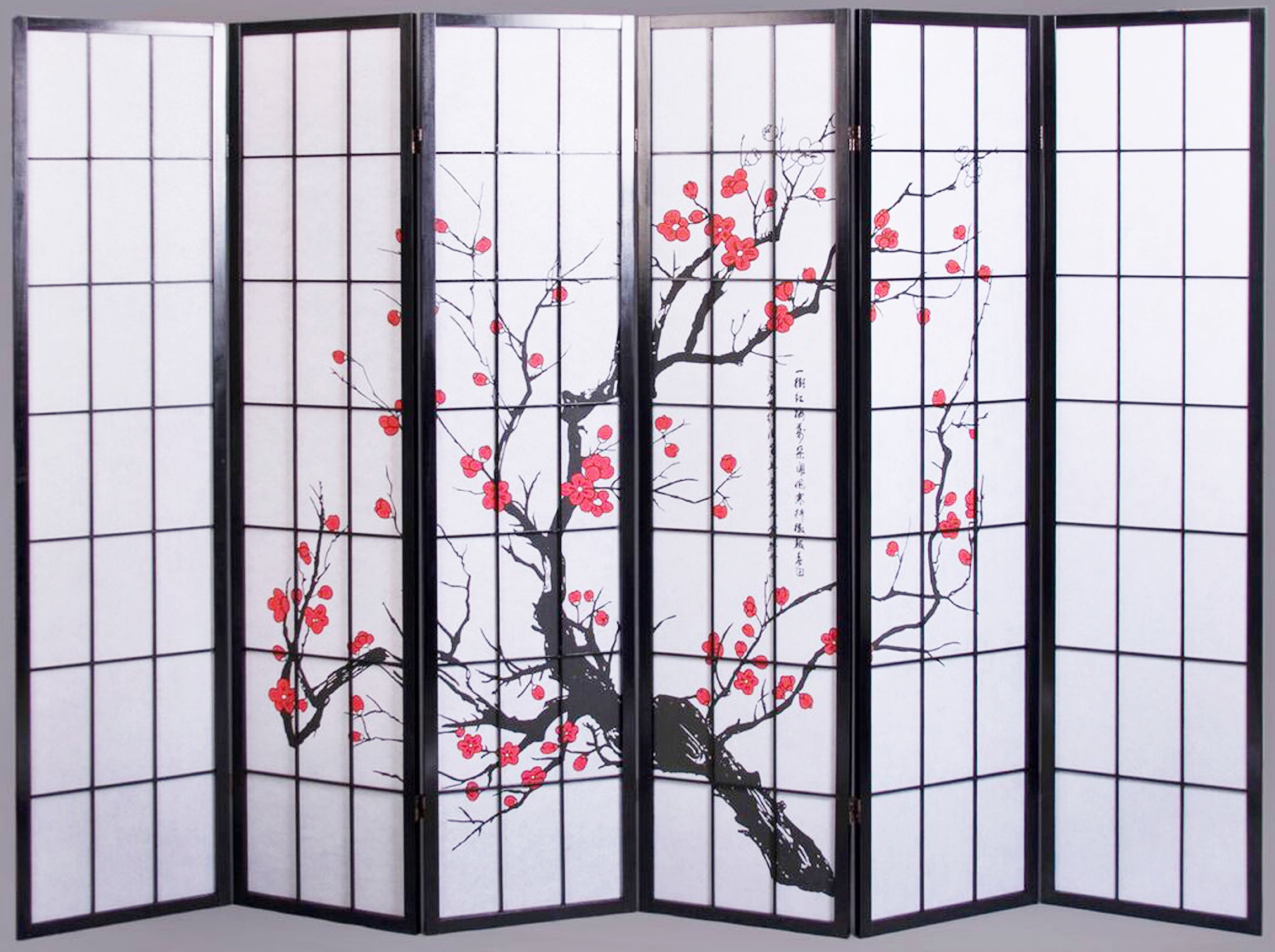 Legacy Decor Plum Blossom 6 Panel Room Divider, 70" Tall, Black