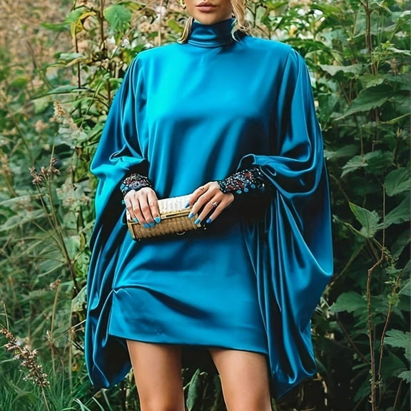 MORTTIC Women's Solid Color High Neck Blouson Dress Plus Size Elegant Short Dress with Lantern Sleeves Blue，XL