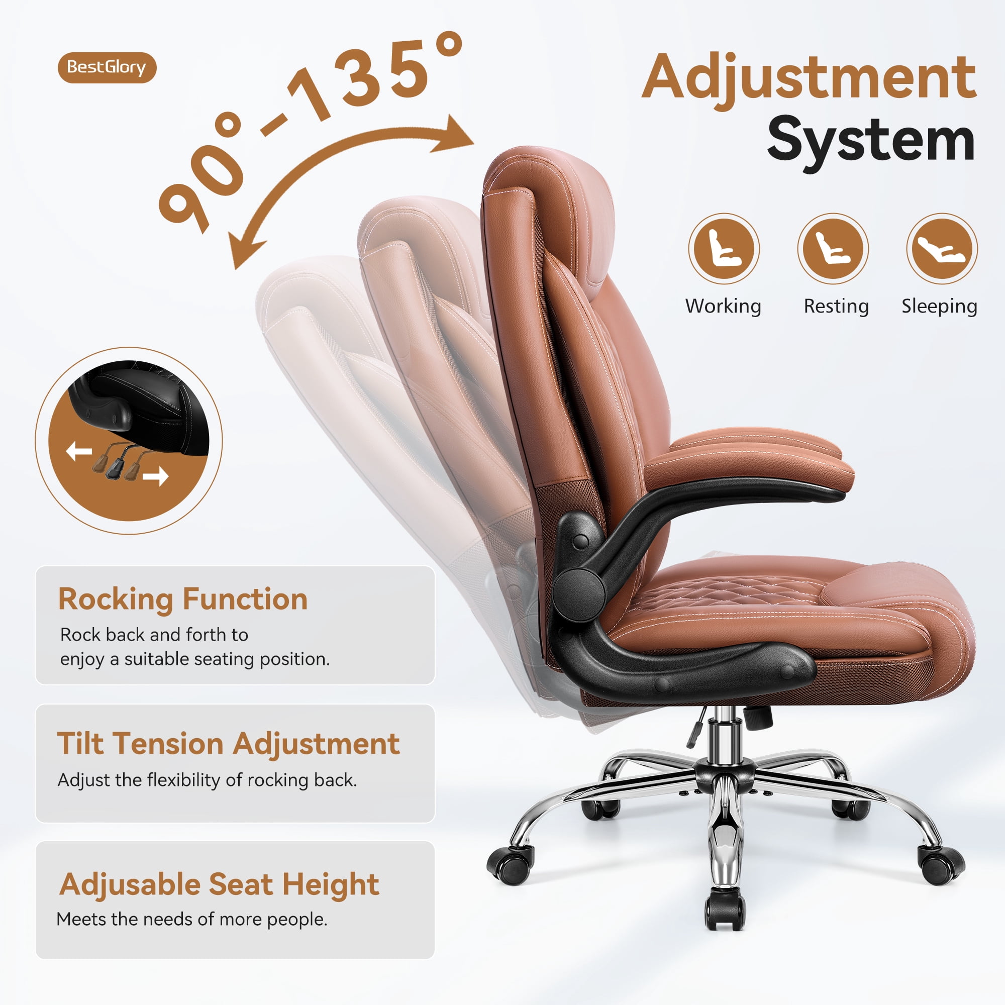FASTES Ergonomic Office Chair, Desk Chair with High Back Flip-up Armrests Big and Tall Gaming Leather Chair with Rocking Function 2 Reclining Position,Brown