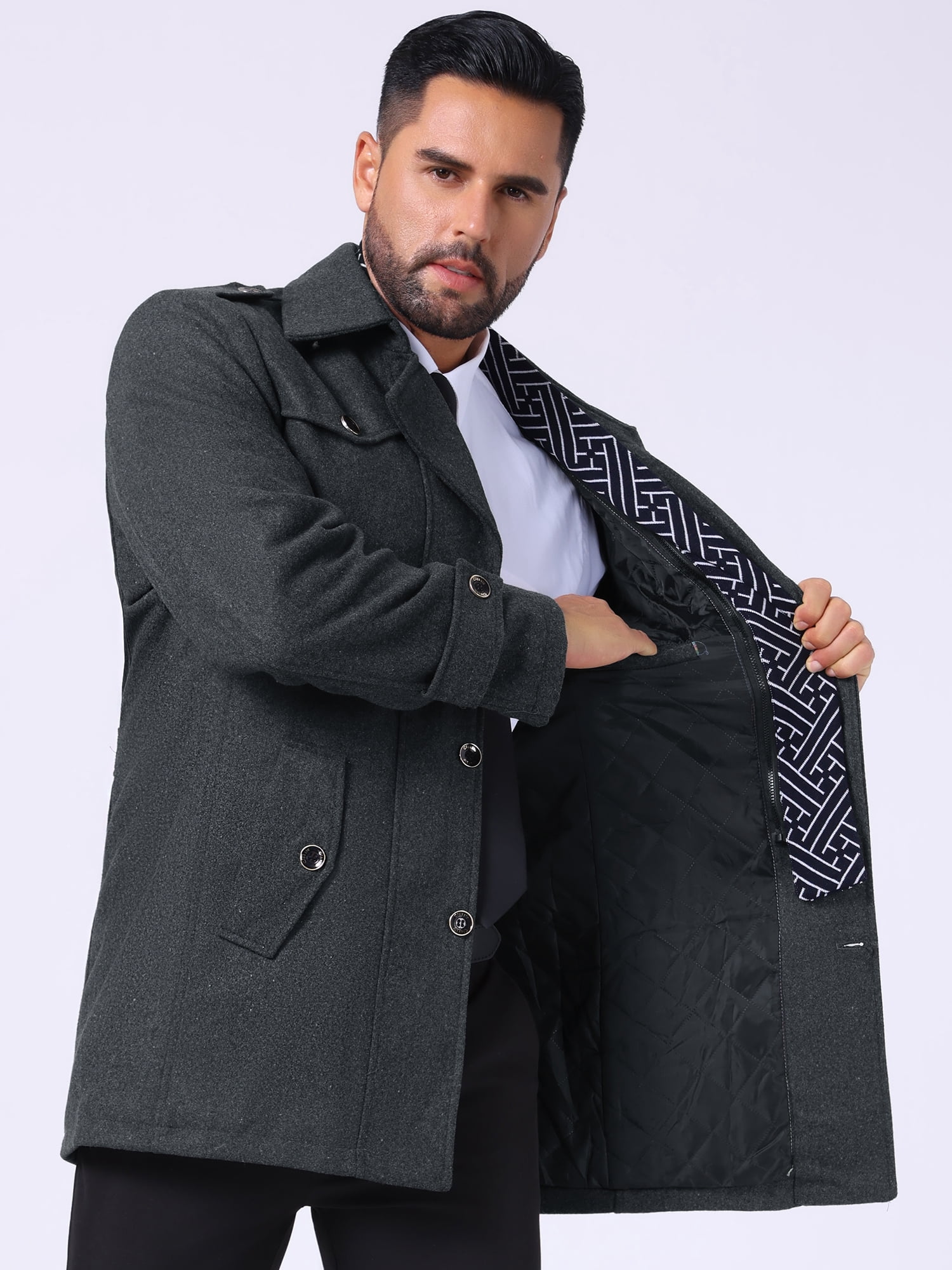 DARING DIVA Men's Mid-Length Overcoat Zipper Single Breasted Winter Coat S Gray