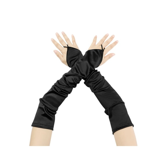 INSPIRE CHIC Women's Fingerless Sleeves Elbow Long 1920s Satin Gloves with Finger Loop One Size Black